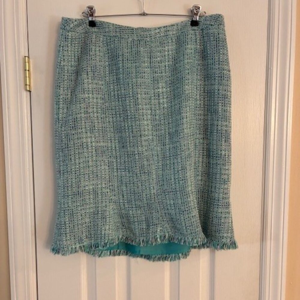 Lane Bryant Plus Blue Aqua Lined Knee Length A-Line Fringe hem Tweed Skirt Sz 16